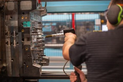 Cooling process of a huge mold for plastic moldings in the factory, industrial Stock-Fotos