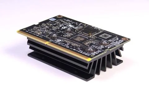 Cooling radiator for mini computer board. Cooling electronics. Cooling rad... 스톡 사진