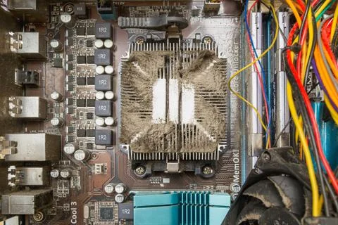 Cooling radiator over the cpu covered with a lot of dust Stock Photos