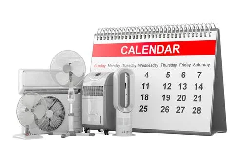 Cooling system and climate control equipment with desk calendar, 3D render... Stock Photos