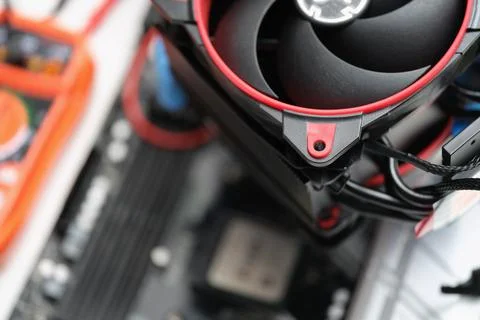 Cooling system for a computer, a cooler for a processor, close-up 스톡 사진