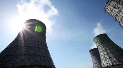 The cooling system of a nuclear reactor. Four cooling towers Stock-Footage 64151229