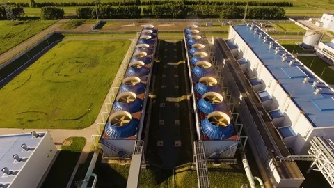 Cooling tower building with pump station at below in power plant. Aerial view Stock Footage 77251939