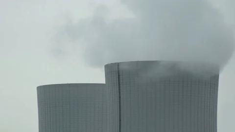 Cooling Tower Closeup on Cloudy Day Pan Stock Footage 74458248
