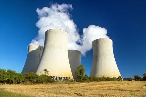 Cooling tower clouds steam nuclear power plant Temelin Stock Photos