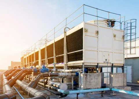 Cooling tower set in a large building Data center is installed on the roof -  Stock Photos