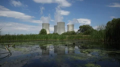 Cooling towers allow Temelín nuclear plant to maintain operations despite heat,  Stock Footage 341701501