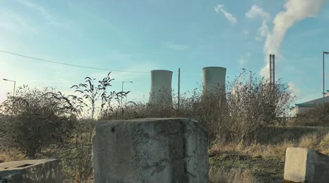 Cooling towers and column with steam Stock Footage 1046332