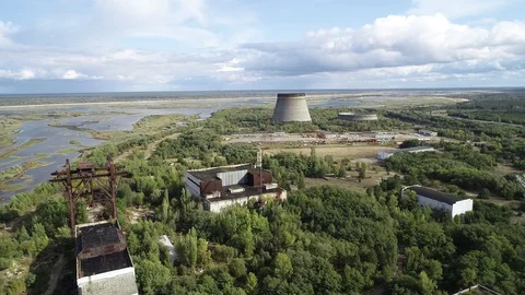 Cooling towers for cooling units 5 and 6 of the Chernobyl nuclear power plant. Видео 128323156