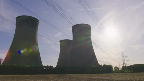 Cooling Towers Direct Sun Electricity Pylons Video stock 242515654