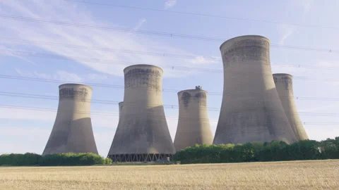 Cooling Towers Electricity Lines Overhead Stock Footage 242515852
