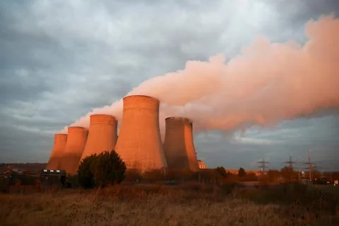 Cooling towers at power plant, Derby, United Kingdom, Europe Stock Photos