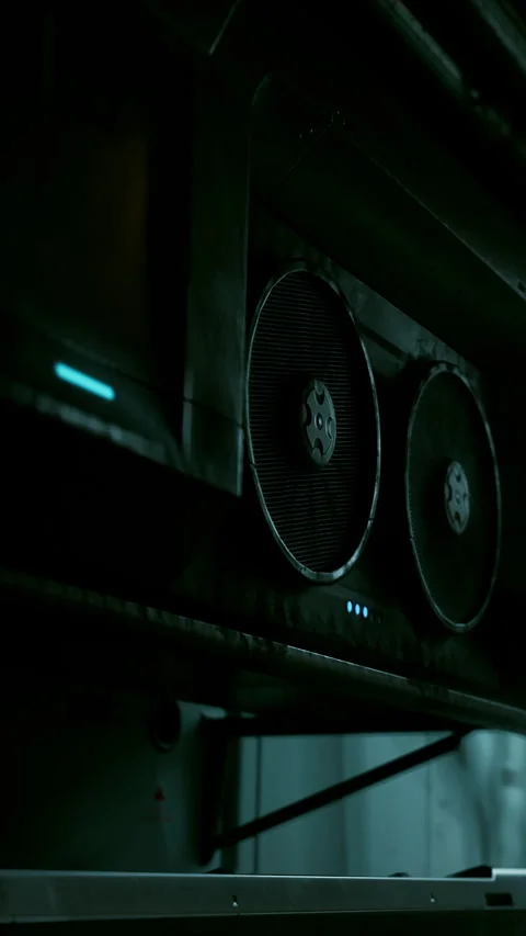 A cooling unit with large fans is seen in a dark space Stock Footage 339421720