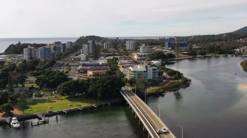 Coolongolook River bridge Wallis lake to Forster town streets – aerial 4k. Stock Footage 202048488