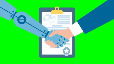 Cooperation with Artificial Intelligence. Ai robot and man handshake together Stock Footage 282952500