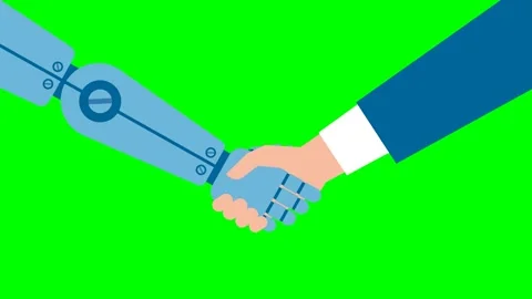 Cooperation with Artificial Intelligence. Ai robot and man handshake together Stock Footage 285723016