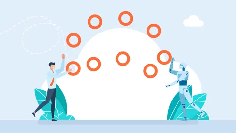 Cooperation between man and artificial intelligence. Businessman, robot juggling Stock Footage 264765872