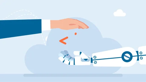 Cooperation between a man and a cyborg in programming. Chatbot, robot hand Stock Footage 277410344