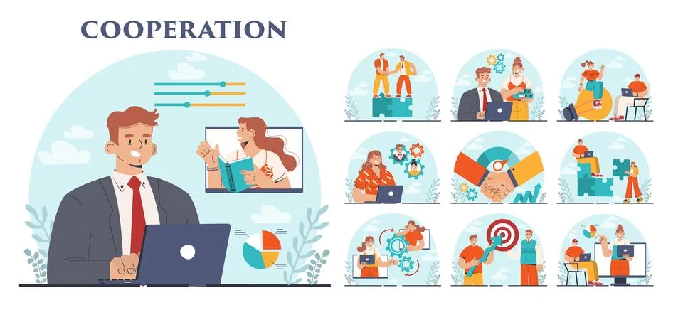 Cooperation concept set. Collaboration and teamwork. Office characters イラスト素材