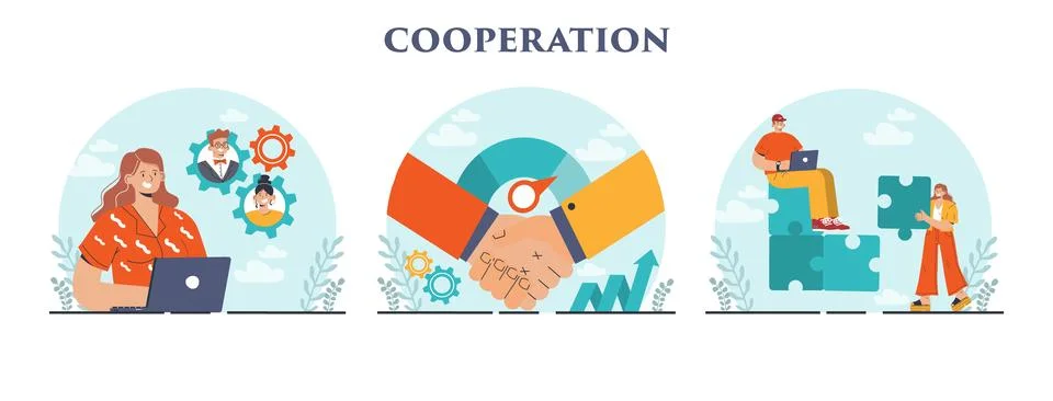 Cooperation concept set. Collaboration and teamwork. Office characters 库存插图