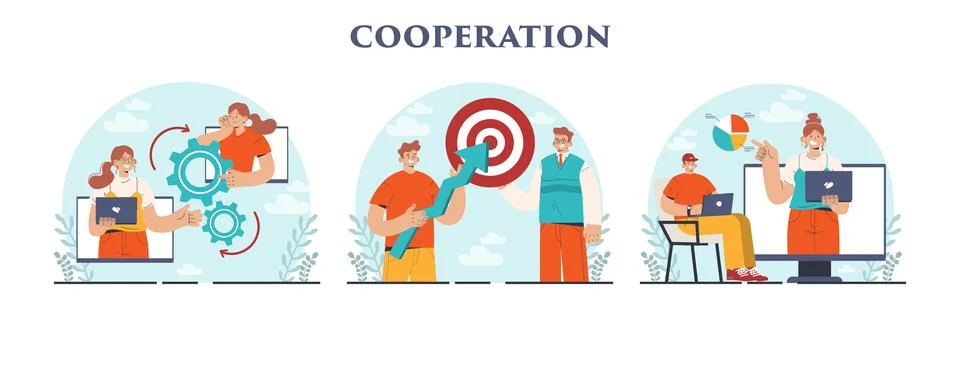 Cooperation concept set. Collaboration and teamwork. Office characters Stockillustratie