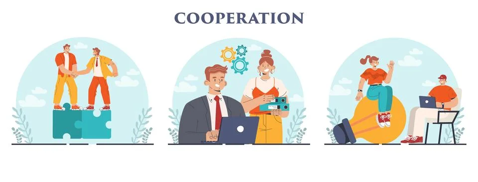 Cooperation concept set. Collaboration and teamwork. Office characters Stockillustratie