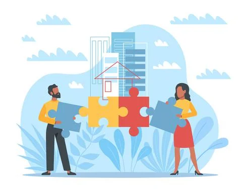Cooperation in construction business, unification in work. Man and woman hold Stock Illustration