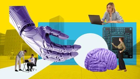 Cooperation of human resources and artificial intelligence support. IT Stock Illustration
