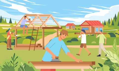 Cooperation people working together to build houses in the village valley Stock Illustration