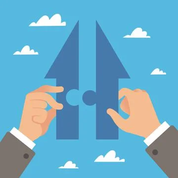 Cooperation in right direction. Hands connect puzzle in arrow form, people Stock Illustration