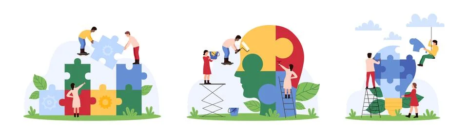 Cooperation in solving problem of personality and idea development by tiny Stock Illustration