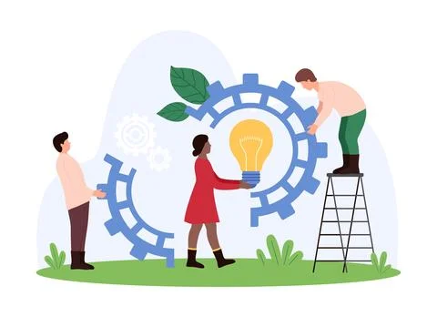 Cooperation teamwork to develop creative idea, organization of interaction tiny Illustrazione stock