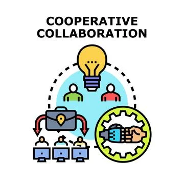 Cooperative collaboration process creating shared innovative ideas Stock Illustration