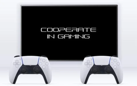 Cooperative gaming concept with remote controller and gamepad in front of tv Stock Illustration