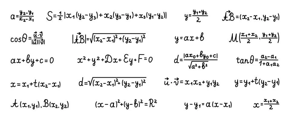 Coordinate geometry formula set Stock Illustration