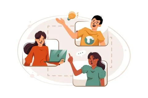 Coordinate relationship between work people. People talk via devices, custome Stock Illustration