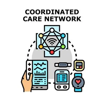 Coordinated care network connecting digital health devices Stock Illustration