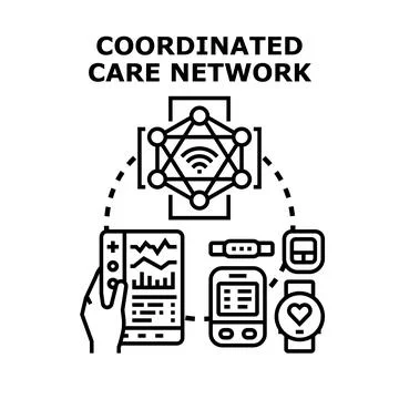 Coordinated care network connecting digital health devices Stock Illustration
