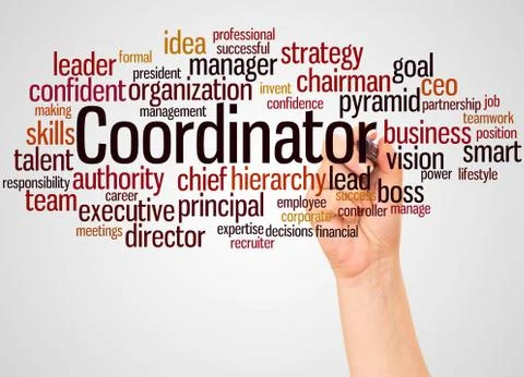 Coordinator word cloud and hand with marker concept Stock Photos