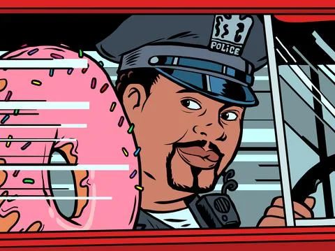 A cop in a car with a doughnut Stock Illustration