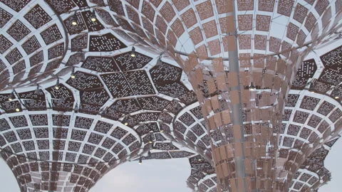 COP28, Dubai: Decorative structures inspired by palm trees, tilt down to carts Stock Footage 289557151