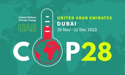 COP28 UAE. International climate summit banner Illustrazione stock
