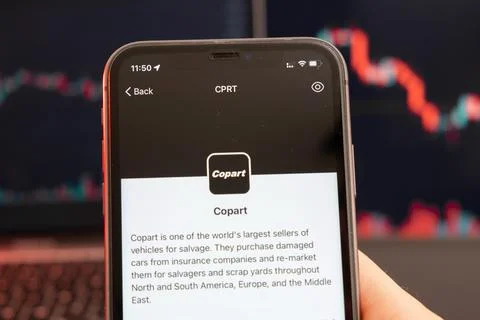 Copart stock price decrease on the trading market with downtrend line graph bar Stock Photos