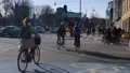 Copenhagen citizens going work by cars and bicycles, rush hour on crowded street 4k or 4k+ Resolution