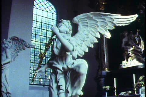 COPENHAGEN, DENMARK, 1988, Our Savior Church interior, marble angel with trumpet Stock Footage 10920173