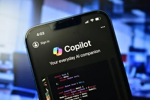 Copilot on smartphone, AI application by miscrosoft Stock Photos