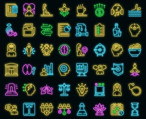 Coping skills icons set vector neon Illustrazione stock
