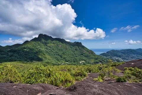 Copolia trail view of Seychelles  highest mountain, morn Seychellois and tro Stock Photos