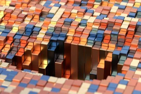 Copper and blue voxel grid with glowing void 3D illustration Stock Illustration