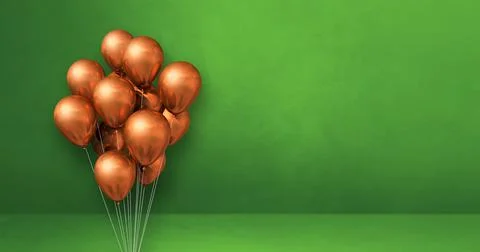 Copper balloons bunch on a green wall background. Horizontal banner. Illustrazione stock
